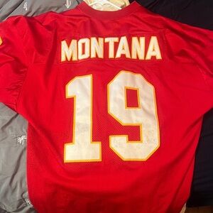 Mitchell & Ness Red Montana #19 Football Jersey with White & Gold Trim